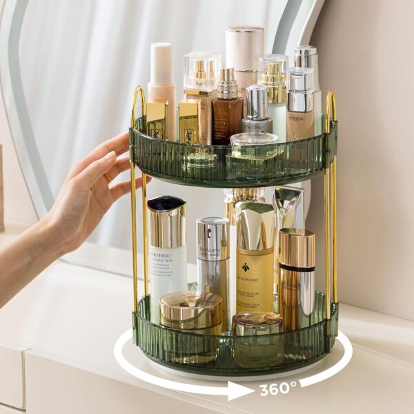 GLAMFORT Rotating Makeup Organiser, Acrylic 2 Tier Perfume Beauty Skincare Organiser, 360 Spinning Cosmetic Storage for Vanity Desk, Bedroom, Bathroom, Countertop, Green