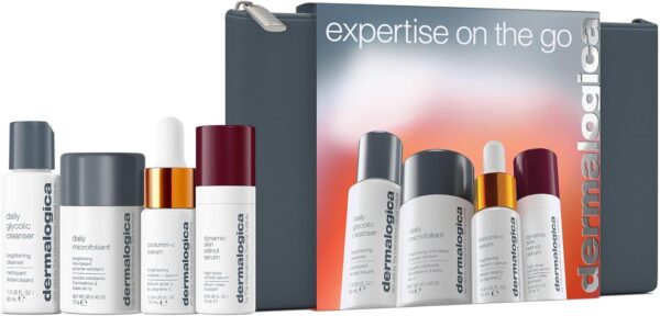 Dermalogica Expertise on the Go Gift Set, Travel-Size Daily Cleanser 50ml, Daily Microfoliant 13g, BioLumin-C Serum 15ml, Retinol Serum 15ml, Skincare Set, Pack of 4 + Travel Bag