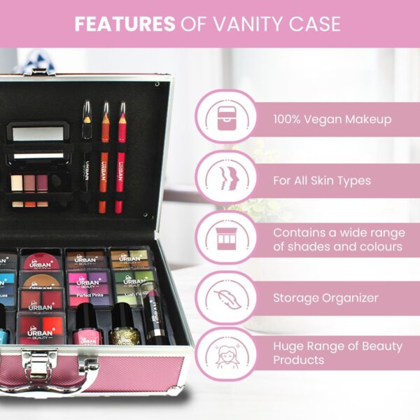 LOVE URBAN BEAUTY Hot Pink Makeup Vanity Case – 82-pcs Vegan Makeup Kit for Teens and Women with Eyeshadow, Blusher, Lipsticks and Nail Products – Fun Travelling Makeup Vanity Case for Girls