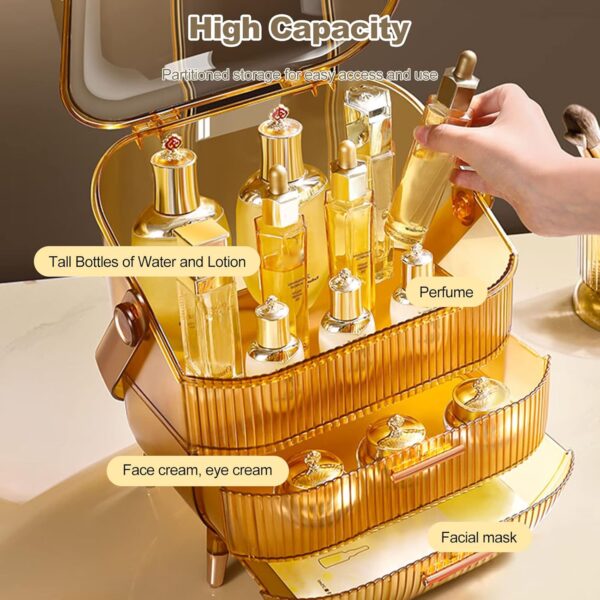 Galatée Portable Retro Series Multi-Function Make Up Case Dustproof Cosmetic Storage Box,Cosmetics Skin Care Products Jewelry Organizer Case Finishing Box Bathroom Desktop -Amber
