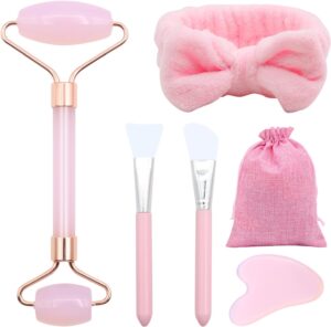 VEGCOO Rose Quartz Face Roller Gua Sha Set, Pink Jade Roller for Women, Gua Sha Stone Massage Tool for Skincare, Facial, Neck and Body Muscle Relaxing