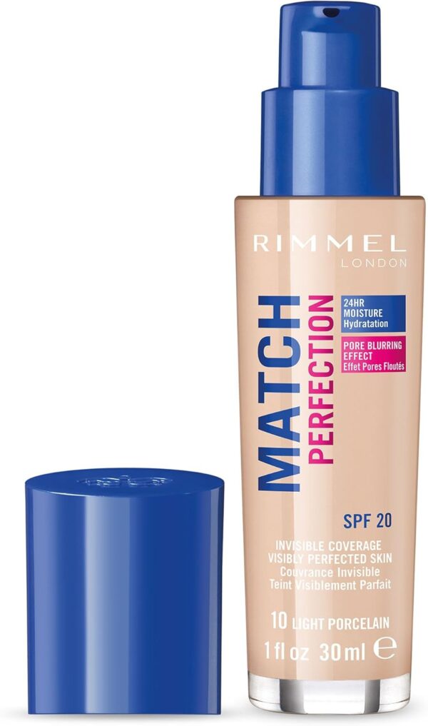 71QC3m7e3QL._AC_SL1500_.jpg Rimmel Match Perfection Foundation 010 Light Porcelain, Medium Coverage, 24hr Hydration, No Caking or Creasing, Lightweight, Reduces Imperfections, Invisible Coverage, SPF20, Cruelty Free