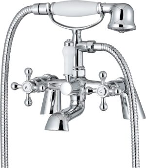 ENKI, Beaumont, BBT0257, Chrome, Bath Shower Mixer Taps & Shower Attachment, Solid Brass, Cross Handle, Traditional Design, Compression Valves, Easy to Install