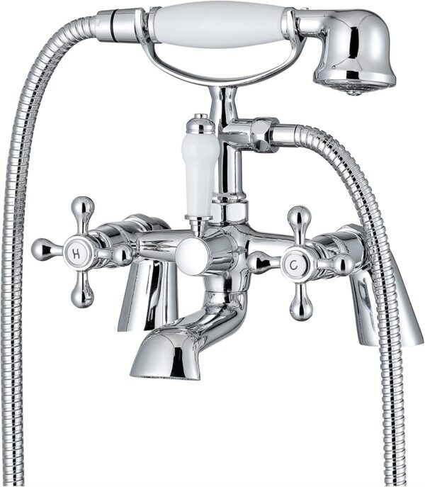 ENKI, Beaumont, BBT0257, Chrome, Bath Shower Mixer Taps & Shower Attachment, Solid Brass, Cross Handle, Traditional Design, Compression Valves, Easy to Install