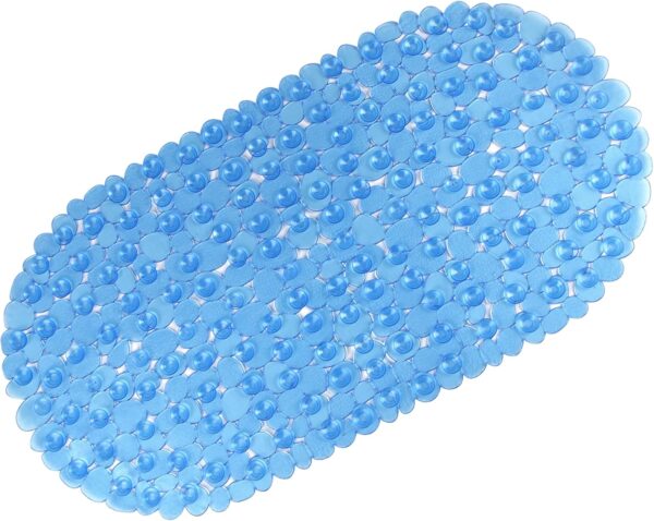 WELTRXE Bath Mat Non Slip Anti Mould for Inside Bath, Anti Slip Shower Mat, 69 x 36 cm Blue Oval Pebble PVC Bathtub Mat, Soft Comfortable Bath Mat with Suction Cups & Drainage Holes for Elderly Child
