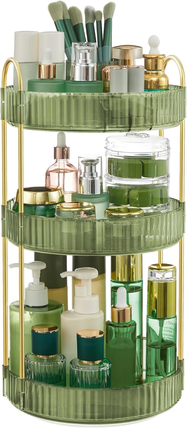 SONGMICS Makeup Organiser Rotating, 3-Tier Round Skincare Organiser, Customisable, Toiletries Cosmetics Organiser, Gift, Pale Green JKA011C01