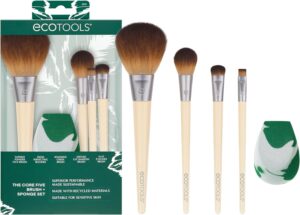 EcoTools Core Five Makeup Brush and Sponge Kit, For Eyeshadow, Blush, Bronzer, Eyeliner, & Foundation, Makeup Blending Sponge For Liquid & Cream Products, Vegan & Eco-Friendly Kit, 5 Piece Set