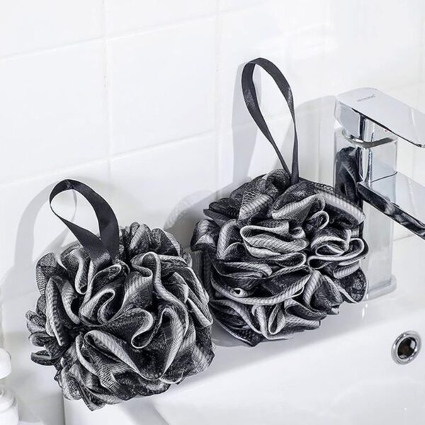 71RPg04ptL._AC_SL1500_.jpg 2 Pack Mesh Pouf Bath Sponge with Clear Travel Toiletry Bag Black+White Mesh Loofah Body Exfoliating Shower Ball Shower Sponge with 2 Wall Hooks