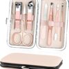 URAQT Professional Manicure Set, 7 pcs Portable Nail Clippers & Eyebrow Grooming Kit, Stainless Steel Nail Care Tools with Luxurious Leather Case for Travel & Home