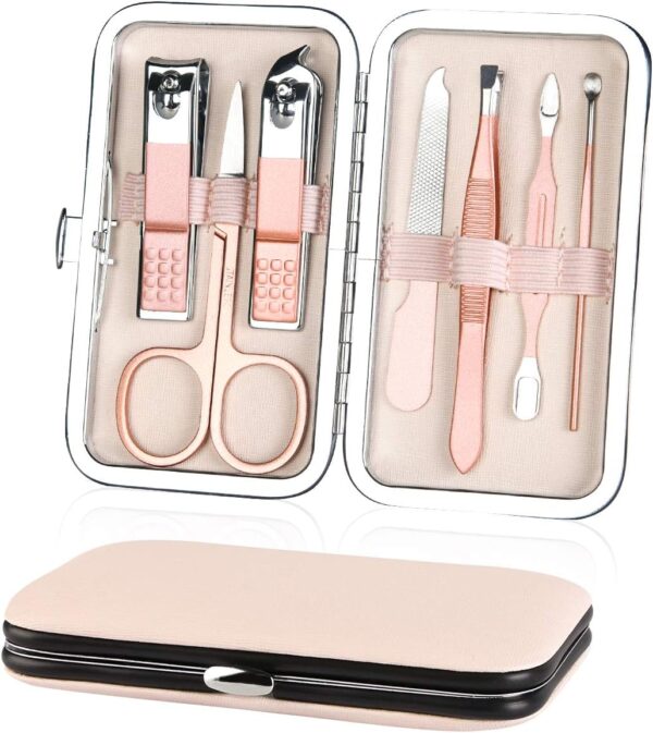 URAQT Professional Manicure Set, 7 pcs Portable Nail Clippers & Eyebrow Grooming Kit, Stainless Steel Nail Care Tools with Luxurious Leather Case for Travel & Home