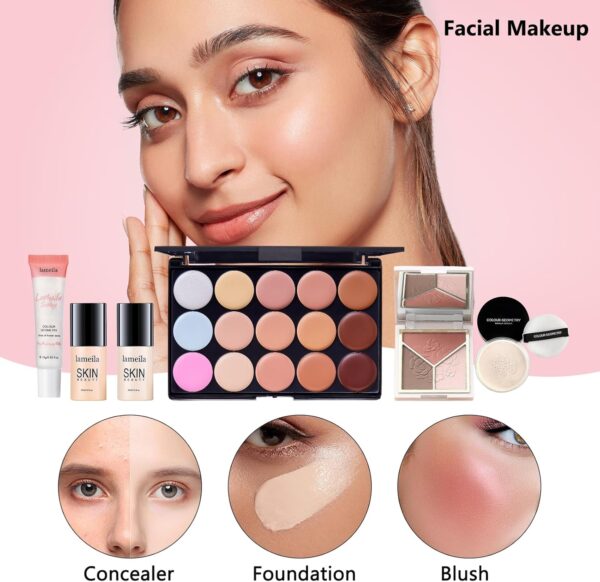 All in One Makeup Kit for Women Full Kit, Make Up Gift Set for Women, Makeup Bundle Includes Foundation Face Primer Eyeshadow Contour Palette Lipstick Eyebrow Pencil Mascara Cosmetic Brush Set