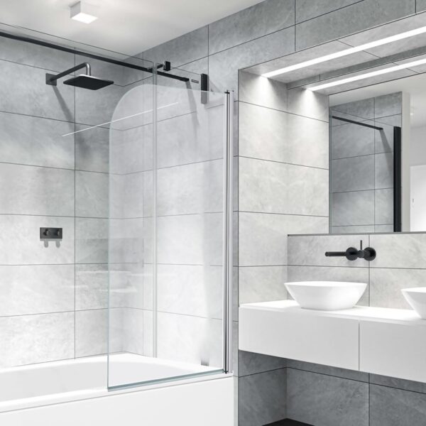 VeeBath Bath Screen Pivot Bath Shower Tempered Glass Screen Reversible Door Panel - 800 x 1400mm, Jade Round
