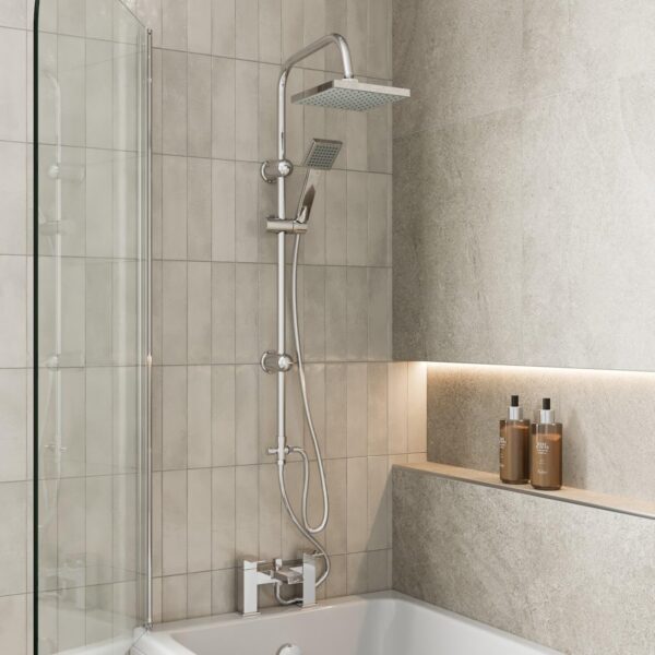 Architeckt® Square Waterfall Bath Shower System Mixer Shower Tap with Modern Square Riser Rail Kit Dual Rainfall Shower Heads Handset