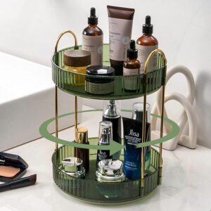Bingobang Makeup Organiser 360 Rotating, Spinning 2 Tiers Skincare Cosmetic Organizer Acrylic Large, Tidy Storage Shelf for Perfume, Jewelery, Brush, Vanity Desk, Dresser, Bedroom, Bathroom (Green)