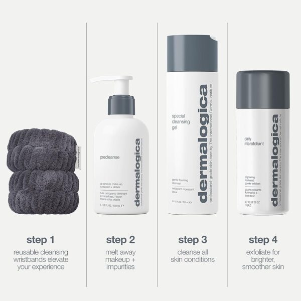 Dermalogica Cleanse and Glow Gift Set, Full-Size PreCleanse 150ml, Special Cleansing Gel 250ml, Daily Microfoliant 74g, Reusable Wristbands for Radiant, Skincare Set, Pack of 4