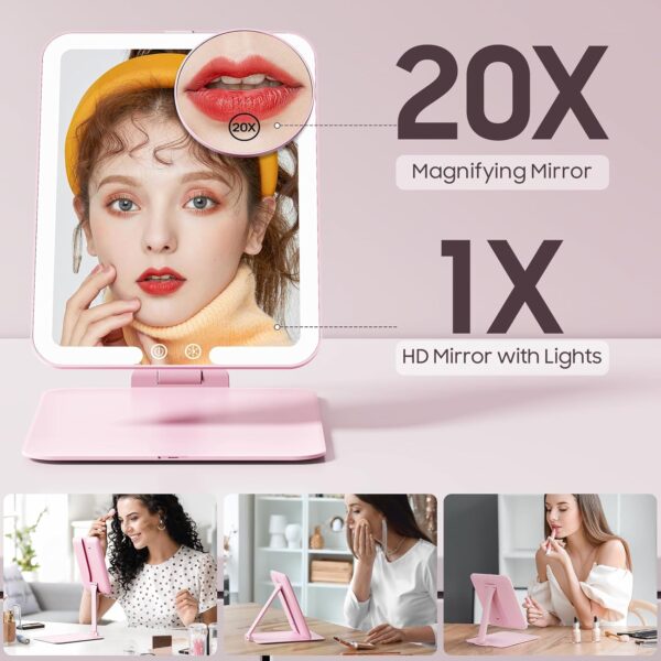 Benbilry Foldable Travel Makeup Mirror with Lights and 20X Magnification, Rechargeable Tabletop LED Vanity Mirror with Adjustable Stand, 3-Colored Dimmable Lighting, Portable Cosmetic Mirror, Pink