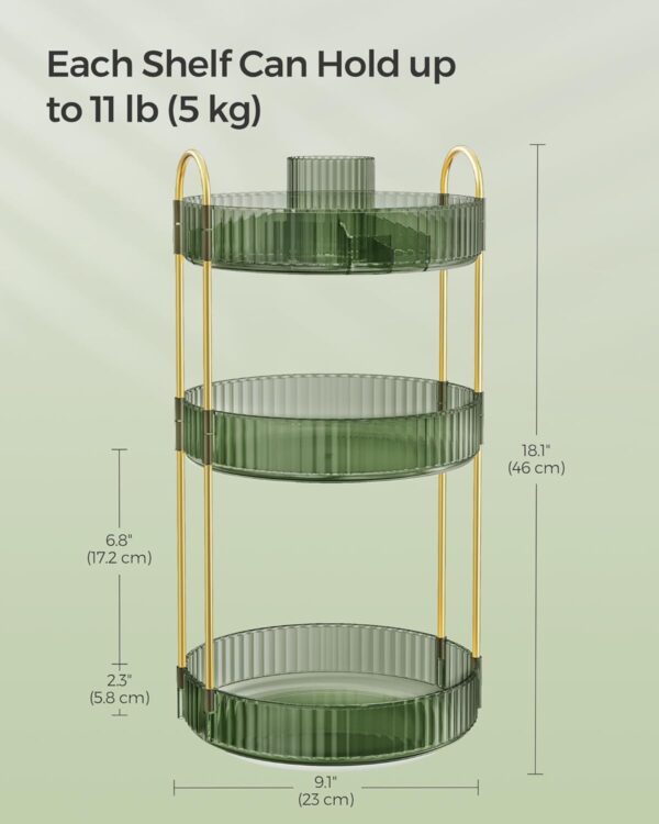 SONGMICS Makeup Organiser Rotating, 3-Tier Round Skincare Organiser, Customisable, Toiletries Cosmetics Organiser, Gift, Pale Green JKA011C01