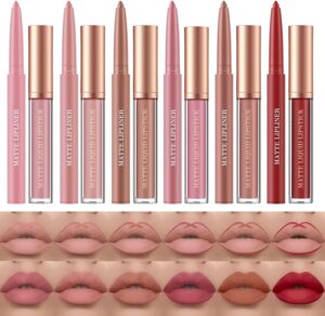 12 Pcs Liquid Lipstick Lipliner Set Nude Lipliner Matte Lipstick Long Lasting Non-Fading Waterproof Lip Glosses Makeup Set Gift For Women (Set C)