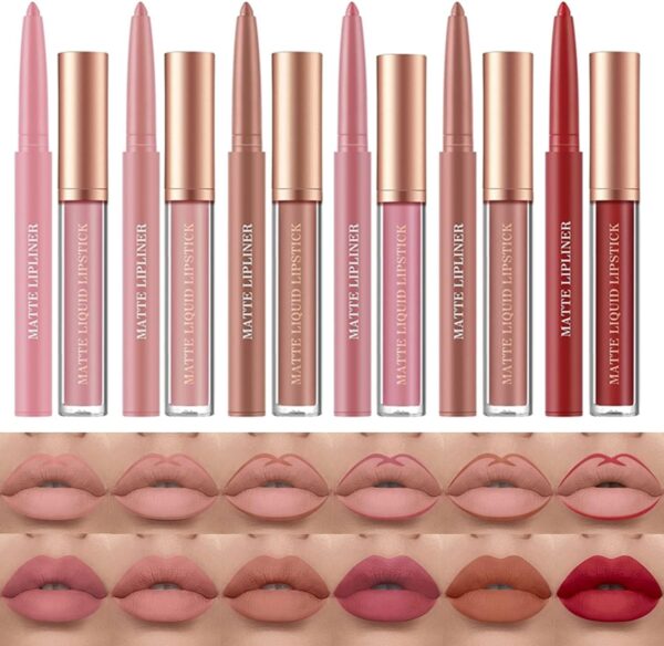 12 Pcs Liquid Lipstick Lipliner Set Nude Lipliner Matte Lipstick Long Lasting Non-Fading Waterproof Lip Glosses Makeup Set Gift For Women (Set C)