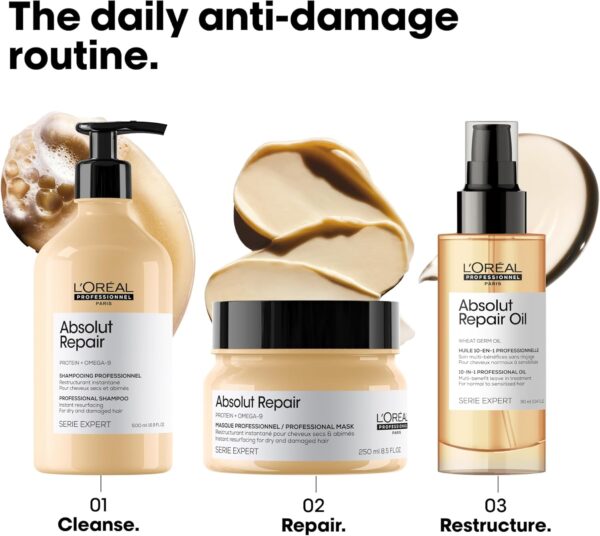 L’Oréal Professionnel | Mask, With Protein And Gold Quinoa for Medium-Thick Dry And Damaged Hair, Serie Expert Absolut Repair, 250 ml