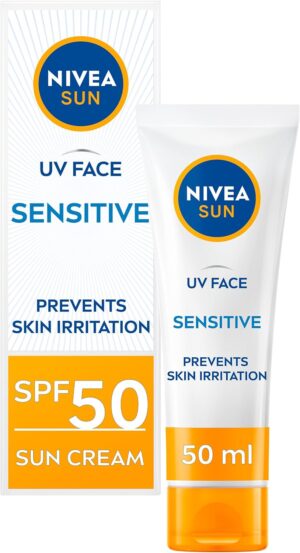 NIVEA Sun UV Face Sensitive SPF 50 Cream (50ml), Sunscreen Protects Against UVA/UVB Rays and Premature Skin Ageing, Sun Cream for Sensitive Facial Skin