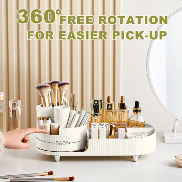 BULLA Makeup Organiser, 360 Rotating Makeup Organiser, Rotating Compartment 2 In 1 Skincare Organiser, Makeup Organizer Storage Is Perfect for Dresser, Bathroom, Bedroom (White)
