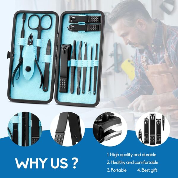 Manicure Set Nail Clippers Pedicure Kit -12PCS Stainless Steel Manicure Kit, Professional Grooming Kits, Nail Care Tools with Luxurious Travel Leather Case Gift Box (Blue, 12)