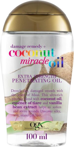 OGX Coconut Miracle Oil Extra Strength Penetrating Hair Oil for Dry, Damaged, and Frizzy Hair, Intense Hydration, Frizz Control, and Shine with Coconut Oil, Tiare, and Vanilla Bean Extracts, 100 ml