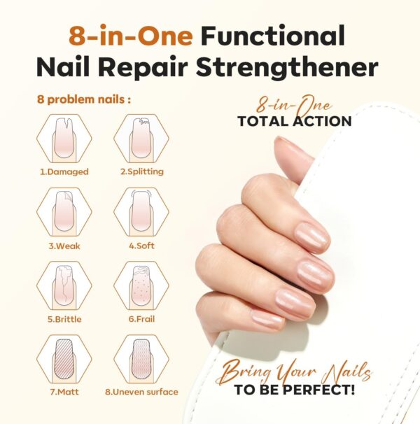 Modelones Nail Care 8 in one Ridge Filling Strengthener Treatment, Nail Polish Strengthener for Damaged and Weak Nails, Nail Hardener Extra Strong and Growth Smoothing Glitter Nude Nail Varnish 15ml
