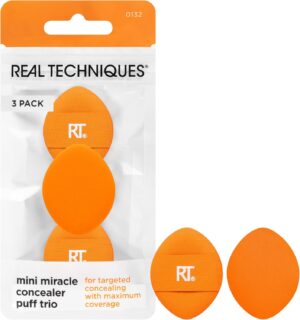 Real Techniques Mini Miracle Concealer Puff Trio, Small Makeup Puff For Liquid and Cream Foundation and Concealer, Targeted Concealing, Travel Friendly and Reusable, Vegan and Cruelty Free, 3 Count