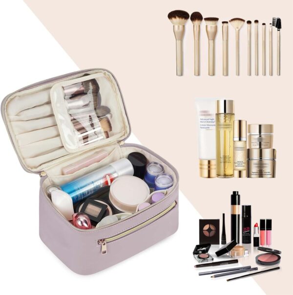 Makeup Bag Travel with Brush Compartment, Large PU Leather Cosmetic Organizer Case with Handle, Water-Resistant for Women, Purple (Patent Pending)