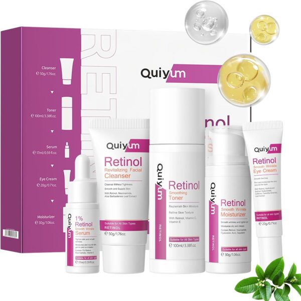 71Ubuuz6jJL._AC_SL1500_.jpg Quiyum Retinol Skincare Set, Anti Aging Skincare Routine Kit, Cleanser, Toner, Serum, Eye Cream, Face Cream, Pamper Gift Set for Women Mom Birthday, Hydrating & Radiant Travel Kit for All Skin Types