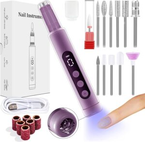 Electric Nail Drill Kit with Nail Lamp, Cordless Nail File for Acrylic and Gel Nails, 9 Speeds Professional Manicure Pedicure Polishing for Home and Salon Use,Purple