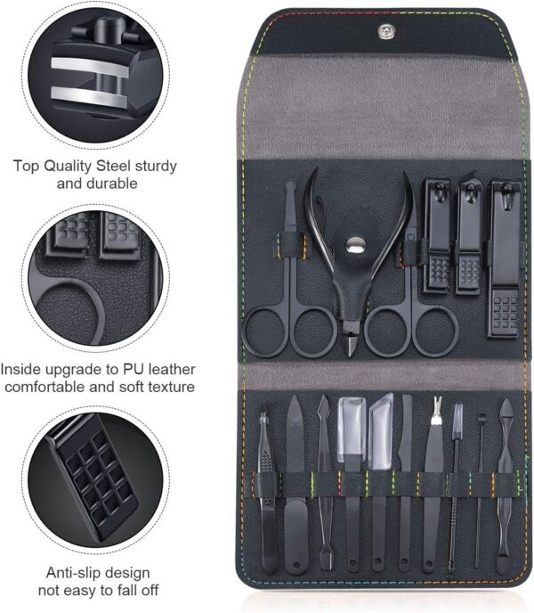 Leipple Manicure Set Professional Pedicure Kit Nail Care Tools - 16 in 1 Stainless Steel Nail Clippers Tools - Grooming Kit with Luxurious Leather Travel Case (Black)