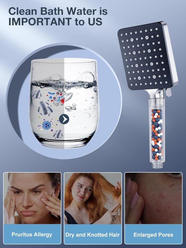 Shower Head with Filter,YEAUPE PRO Square Pure Shower,Bathroom showerhead (115 * 100mm), Shower Heads High Pressure 6 Jet Modes,Universal Powerful Flow Rain Hard Water Softener Handheld Shower Head