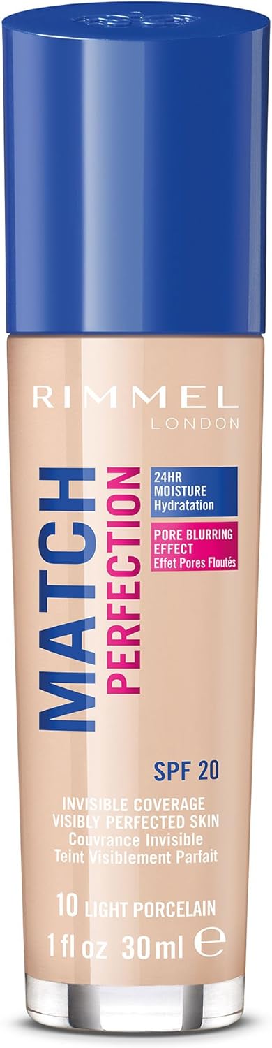 71V7YmS38L._AC_SL1500_.jpg Rimmel Match Perfection Foundation 010 Light Porcelain, Medium Coverage, 24hr Hydration, No Caking or Creasing, Lightweight, Reduces Imperfections, Invisible Coverage, SPF20, Cruelty Free