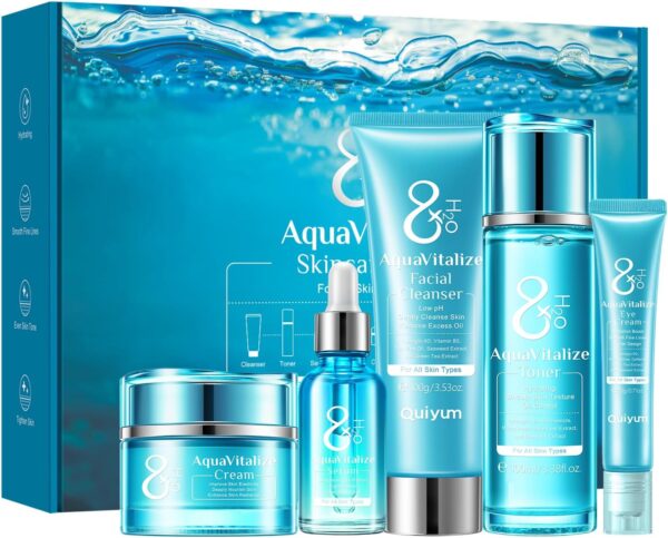 Quiyum Skincare Gift Set, 8X H2O AquaVitalize Skin Care Sets & Kits, Cleanser,Toner,Serum,Eye Cream,Face Cream, Pamper Gift Set for Women Mom Birthday, Luxury Glass Face Care Kit for All Skin Types