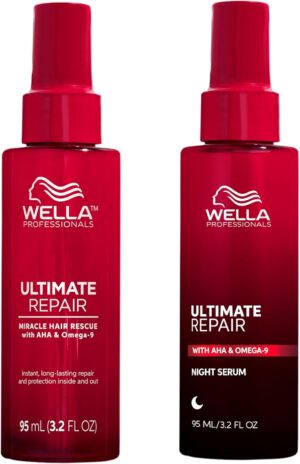 Wella Professionals Ultimate Repair Day/Night Bundle - Miracle Rescue Spray (95ml) & Lightweight Leave-in Night Serum (95ml) Repairs & Rebuilds All Types of Hair Damage