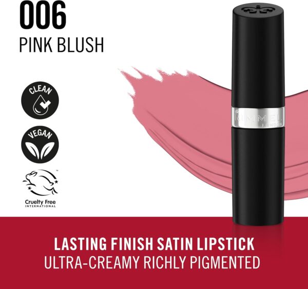 Rimmel Lasting Finish Lipstick 006 Pink Blush, Creamy Satin Finish, Long Lasting 8 HR Wear, Comfortable Formula, Rich Pigment