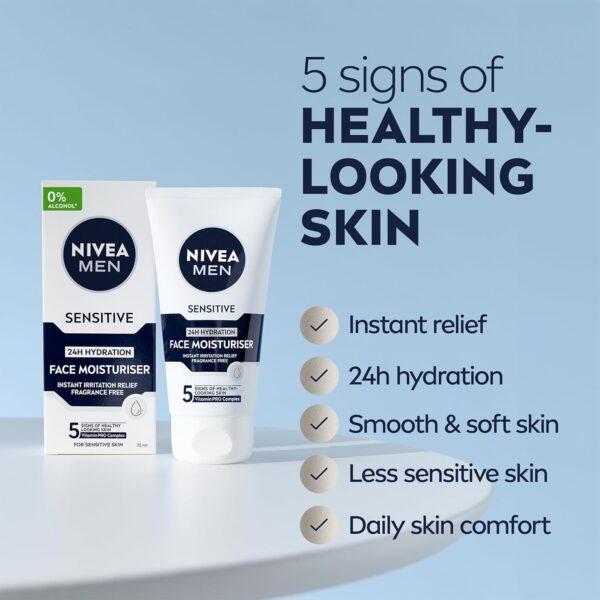 NIVEA MEN Sensitive Face Moisturiser (75ml), Men's Moisturiser with 0% Alcohol, Made for Sensitive Skin, Men's Skin Care Essentials (Packaging may vary)