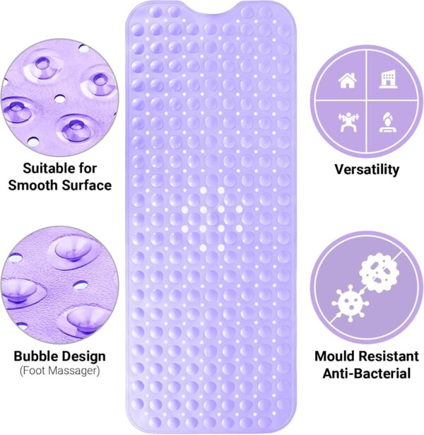 ADOV Bath Mat Non Slip, 100x40cm Extra Long Shower Mat Anti Mould, Anti-Bacterial Bathtub Mats, 200 Strong Suction Cups and Drain Holes, Mildew Resistant Machine Washable Bathroom Kids Mat - Purple