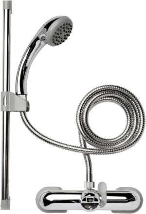 Croydex Bar Mixer Shower Set with 1500mm Flexi-Tube Hose, One Function Shower Head, Riser Rail, Easy Installation, Suitable for Round Taps, Chrome Plated