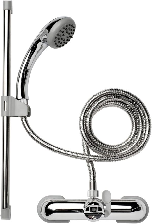Croydex Bar Mixer Shower Set with 1500mm Flexi-Tube Hose, One Function Shower Head, Riser Rail, Easy Installation, Suitable for Round Taps, Chrome Plated