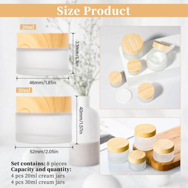 8 Pcs Frosted Clear Glass Cosmetic Jars with Wood Grain Plastic Lids & Inner Liners – 20ml & 30ml Refillable Travel Pots for Creams, Lip Balm, Makeup, Powder, Lotion, and Nail Products
