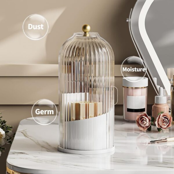 STORICANS Makeup Brush Holder Rotating Organiser with Clear Lid，Sliding Opening Dustproof Makeup Brush Case Make up Organizer Storage for Dressing Table Organiser,Vanity,White