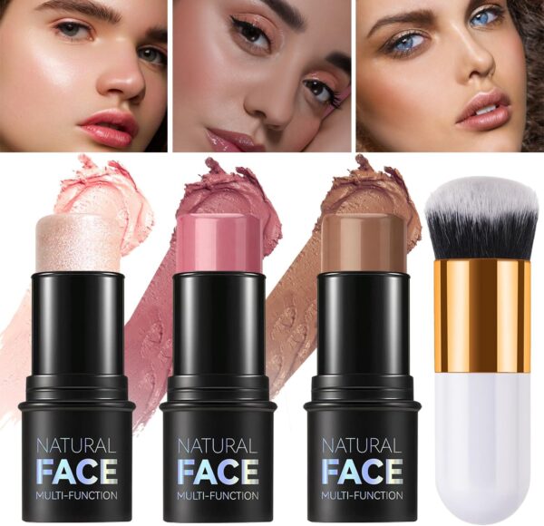 3Pcs Contour Highlighter Blush Sticks with Brush - Cream Contour Bronzer Stick for Cheeks Eyes Lips, Long Lasting Waterproof Smooth Makeup Sticks for All Skin Type Face Makeup