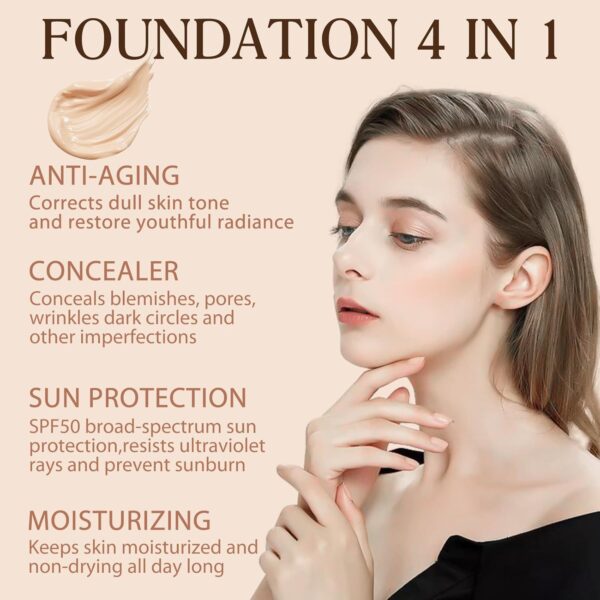 4 in 1 Colour Changing Foundation, SPF50 Medium Spectrum Foundation, Colour Changing Mature Skin Foundation, Full Coverage Skincare, Moisturizing Anti-aging, Universal Shade for All Skin Types-30ML