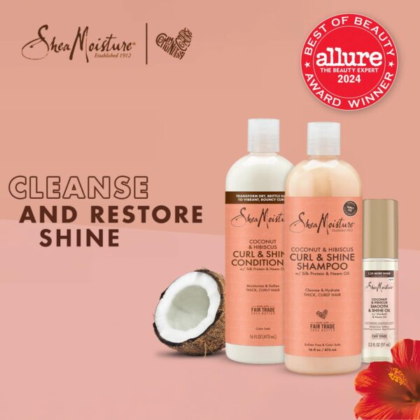 Shea Moisture Shampoo & Conditioner Set + Smooth & Shine Oil Gift Set – Coconut & Hibiscus Curl & Shine, Anti-Frizz Products for Curly Hair (3 Piece Set)