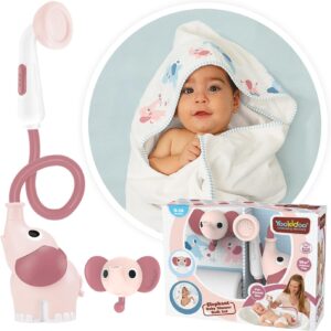 Yookidoo Baby Bath Elephant Shower Head Gift Set - Includes Hooded Towel & Hanger - Control Water from 2 Elephant Trunk Knobs in Tub or Sink Newborns, Toddlers, Boys, Girls (Blush Pink)