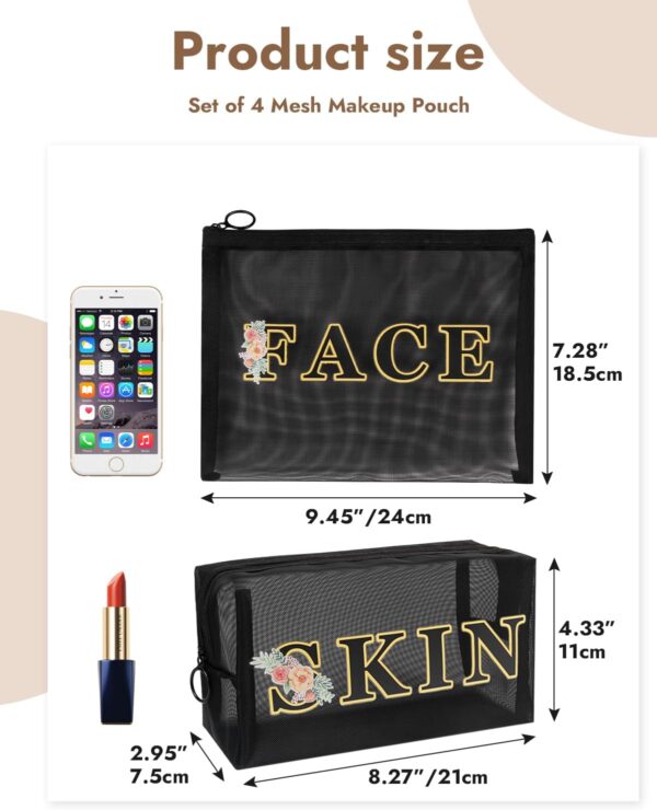 GINOYA 4PCS Mesh Makeup Bags, Nylon Letter Cosmetic Bag Set, Travel Essentials Pouch Set Print with Skin Hair FACE Glam Letter (Black)